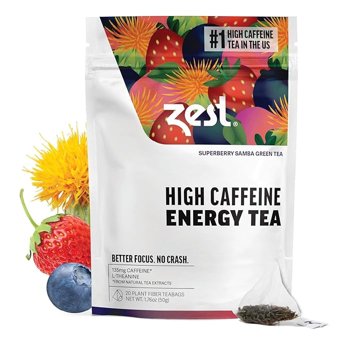 Zest Energy Green Tea - Superberry Samba - High Caffeine Strawberry, Acai, & Passion Fruit Tea - Caffeinated Coffee Altnernative with Antioxidants - Natural, Non-GMO & Keto - 20Ct Pack - 135mg Caf - Bloomnest