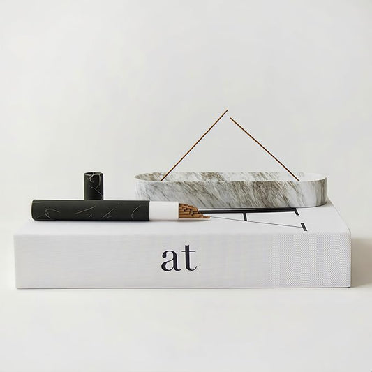 Marble-Patterned Concrete Incense Holder, with A Box of Cedar Incense, 7.1 Inch Good for Incense Tray, A Poetic and Artistic Gift for Yoga＆Meditation(Gray) - Bloomnest