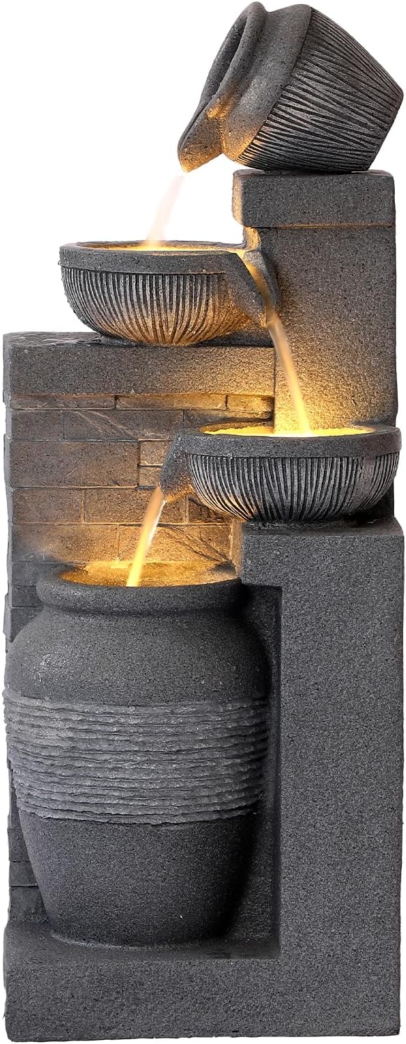 Grepatio Outdoor 4-Tiers Water Fountain, Garden Cascading Waterfalls Fountain with LED Lights, 32" H Modern Indoor/Outdoor Bowl Waterfall Feature Water Fountains for Garden, Patio, Yard Decor (Grey) - Bloomnest