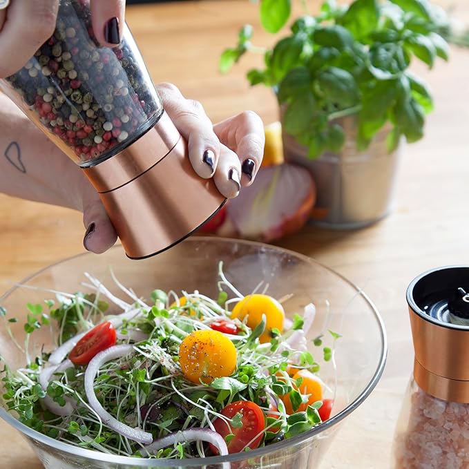 Kitchen Bliss Premium Copper Stainless Steel Salt and Pepper Grinder Set - Short Glass Shakers - Adjustable Coarseness Mills - Refillable with Himalayan Salt, Black Peppercorn - Set of 2 - Bloomnest