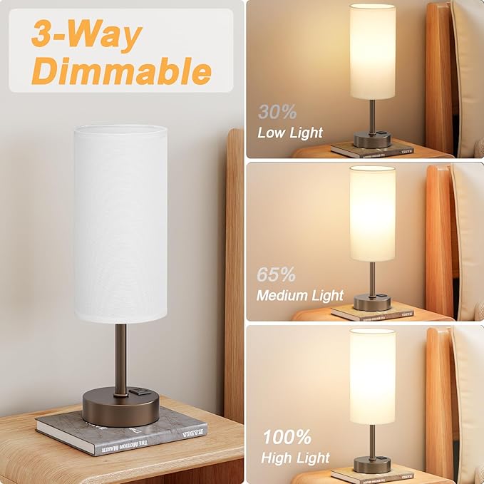 Bedside Touch Table Lamps for Bedroom Nightstand with USB-C USB-A Charging Ports, White & Brown 3 Way Dimmable Small Desk Lamp for Office, Living Room, Reading, Dorm - Bloomnest