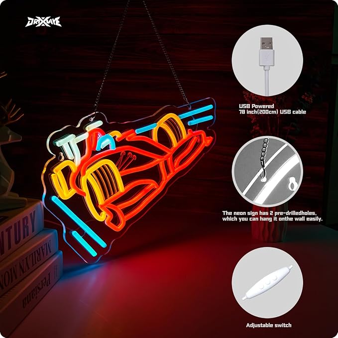 Race Car Neon Sign for wall decor Teen Room Gifts for Birthday Kids Boys Room Decor Playroom Decor(16.3 x10.7 in) - Bloomnest