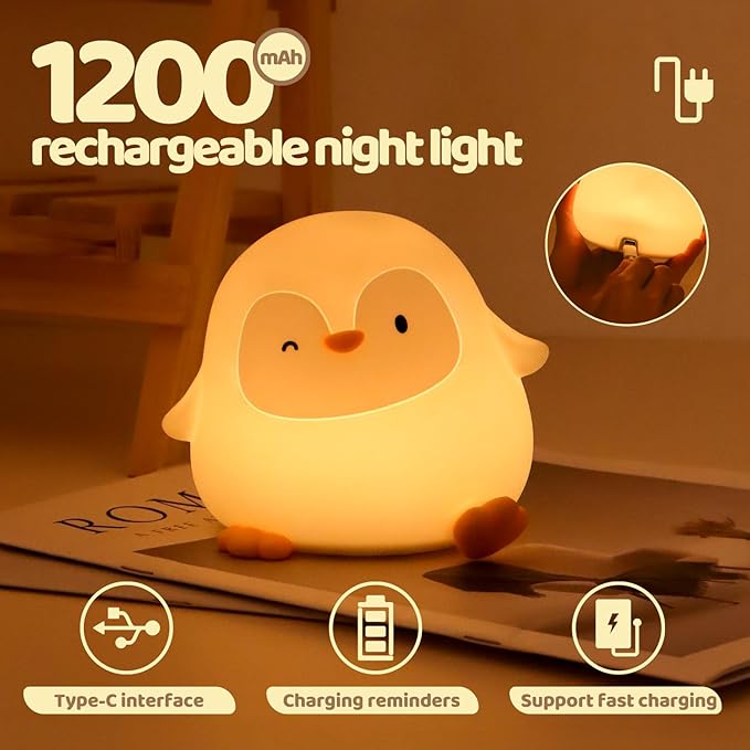 Penguin Silicone Night Light for Kids - Squishy LED Lamp with Soft Touch, USB Rechargeable & Long Battery - Cute Winter Animal Decor for Nursery & Gifts - Bloomnest