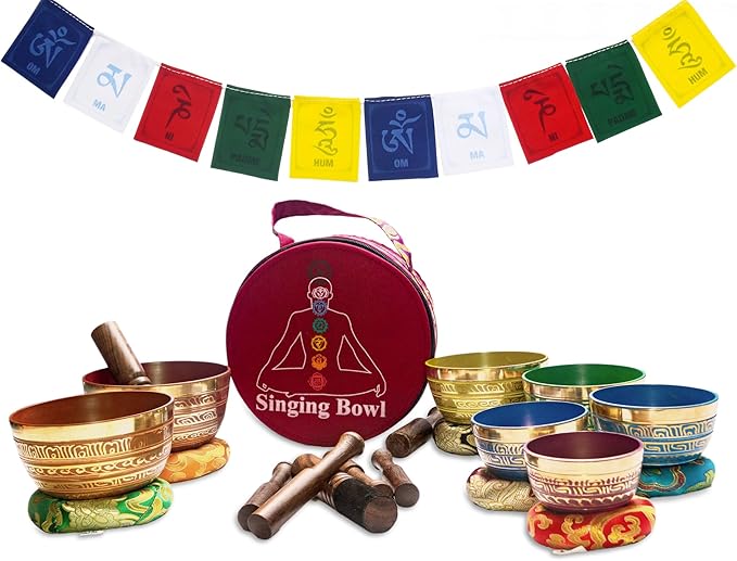 Khusi Tibetan Singing Bowl Set of 7, Handmade, 7 Colors, Chakra Healing, Relaxation, Stress Relief, Comes with Silk Cushions, 4 Sticks and Brocade Box Khusi+Inc