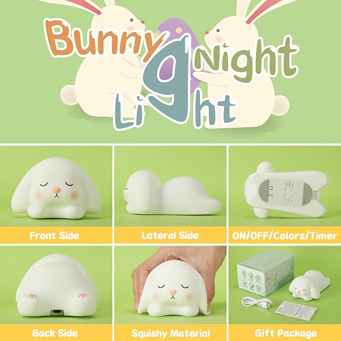 Tremdwoto Bunny Night Light for Kids - 16 Color Changing, Rechargeable Dimmable Nursery Lamp with 1/3 H Timer, Cute Animal Night Light for Baby Boys Girls, Kawaii Room Decor Gift - Bloomnest