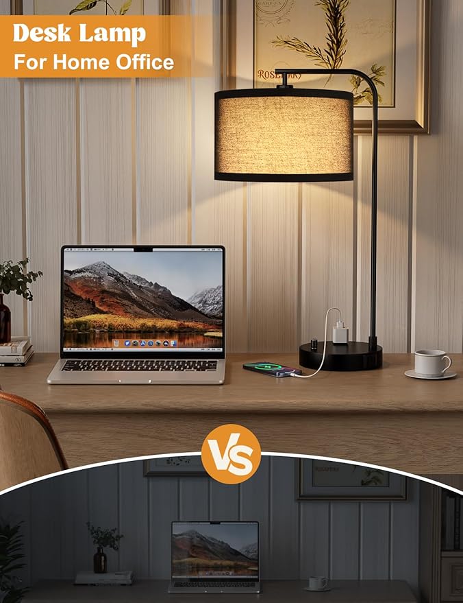 Innqoo Black Tall Table Lamp with USB Port and Outlet, Dimmable Nightstand Bedside Lamps with Linen Lampshade, Desk Lamp for Bedroom, Living Room, Guest Room, Home Office, LED Bulb Included - Bloomnest