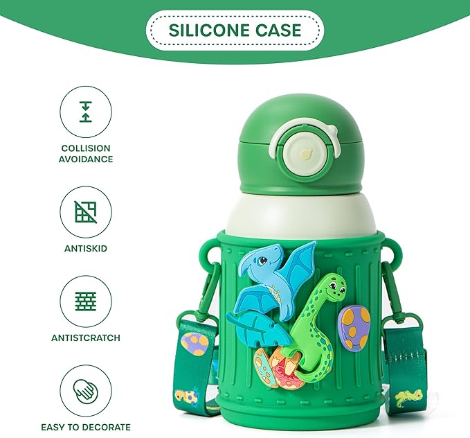 Kids Insulated Tumbler Set – 16oz Stainless Steel Water Bottle with Straw & Pour Lids, Screw-On Cup, Adjustable Strap, Silicone Sleeve & Charms – Leakproof BPA-Free Bottle for Boys & Girls - Bloomnest