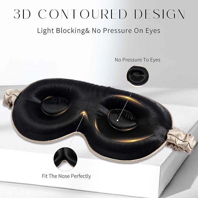 100% 22 Momme Mulberry Silk Sleep Mask, Eye Cover for Sleeping, Blackout 3D Sleep Masks for Lash Extensions with Adjustable Strap for Men and Women (Caramel) - Bloomnest