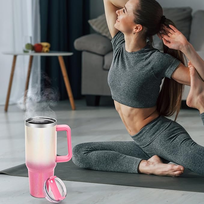 40 oz Tumbler with Handle and Flip Straw Lid, Vacuum Insulated Leak Proof Double Walled Stainless Steel Glitter Travel Mug Tumblers, Maintains Cold Ice and Heat for Hours(White Pink Gradient) - Bloomnest