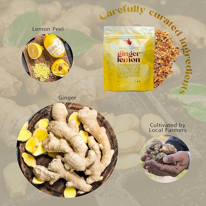 Ginger Lemon Tea, Loose Leaf Herbal Tea – Helps Reduce Nausea and Motion Sickness – Detox & Immunity Support – Drink Hot or Iced – 4 oz Resealable Bag (Makes 50 Cups) – The Elegant Elephant - Bloomnest