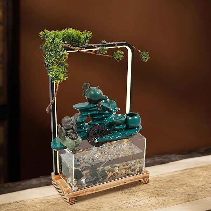 Zen Tabletop Fountain with LED Lights, Handcrafted Ceramic Waterfall Decoration with Fish Tank, Tea Set & Pine Tree for Home/Office, Relaxing Gift for Stress Relief & Good Fortune