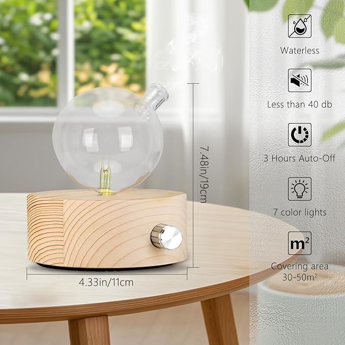 Vintage Aromatherapy Essential Oil Diffuser Lychee New Professional 7 Color Pure Essential Oils Fragrances Aromatherapy Wood & Glass Diffuser for Home Office Hotel SPA (Button Mode86)
