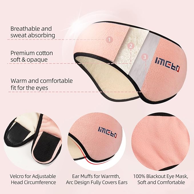 Plush Sleep Mask - Adjustable Headband, 2 in 1 Eye & Ear Mask for Men & Women, Soft Eye Cover for Side Sleepers (Pink) - Bloomnest