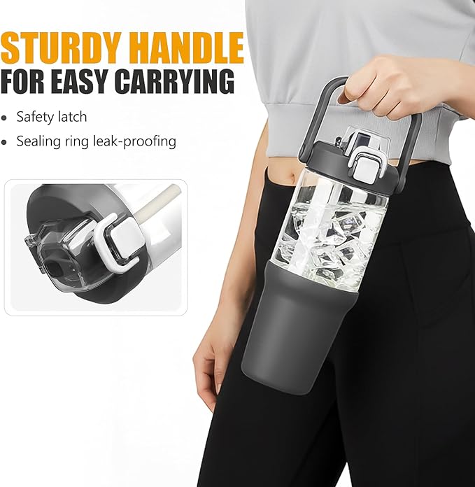 Glass Tumbler with Carry Handle, Clear Glass Water Bottle with Leakproof Lid, Spout Lid&Straw, BPA-Free, 32 oz, Grey - Bloomnest
