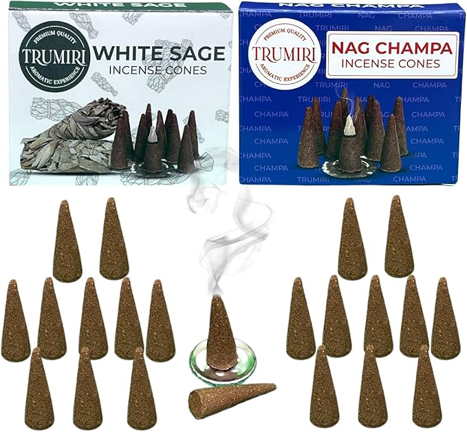 TRUMIRI Incense Cones - Combo Pack of 20 Cone Incense - 10 Nag Champa + 10 White Sage - Insence Cones - Incense Cones Scented - Cone Incense Scents - Insense Cones - Incent Cone TRUMIRI