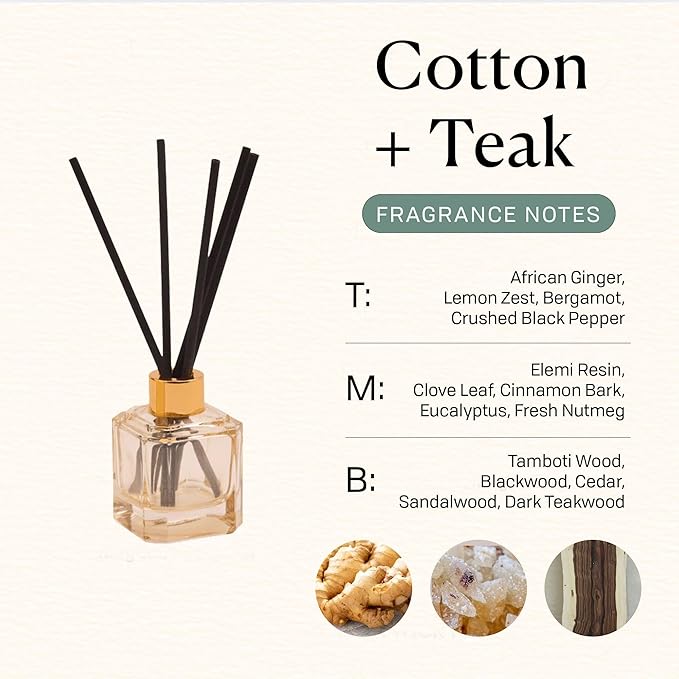 Paddywax Botanica Scented Oil Diffuser with Reeds in Reusable White Glass Bottle, Tubed Gift Box, Includes Diffuser Sticks, Long-Lasting Fragrance, Reusable & Upcyclable, Cotton & Teak, 2.8 fl oz PaddywaxCandles