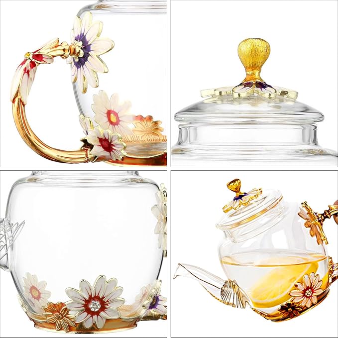 Glass Teapot -300 ml (10 oz), Flower Decoration Heat Resistant Glass Teapot Kettle with Golden Leaf Edge Color Floral Pattern Retro Teapot Tea Party Set (Pink) - Bloomnest