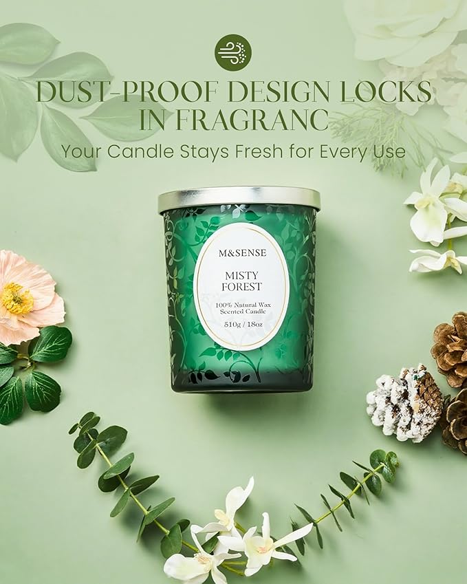 M&SENSE Misty Pine Forest Candle, Cracking Wooden Wick Soy Wax, 18oz 100 Hours Long Lasting Clean Burn, Large Fall Candles for Home Scented, Winter Holiday Gifts for Women Christmas - Bloomnest