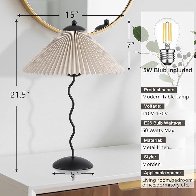 Pleated Table Lamp, S Tube Modern Table Lamp for Bedroom, Bedside Lamps with Organic Textured Linen Lampshade for Nightstand Bedroom Home Office Decor, Black - Bloomnest