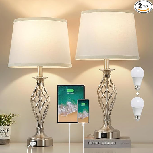 Table Lamp for Bedroom Set of 2 with USB C+A Ports, Modern Bedside Lamps with Spiral Cage Base, White Fabric Shade, Nightstand Lamp for Living Room Reading Bed Side End Table, 2 LED Bulbs Included - Bloomnest