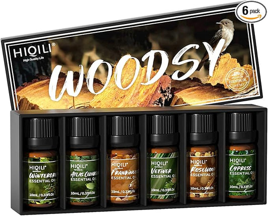 HIQILI Woodsy Fragrance Oil Set for Aromatherapy, Essential Oil Diffuser, Ideal for DIY Candles & Perfume Making, Massage Oil - Cedarwood, Frankincense, Vetiver, Rosewood, Cypress - 6x10ml - Bloomnest