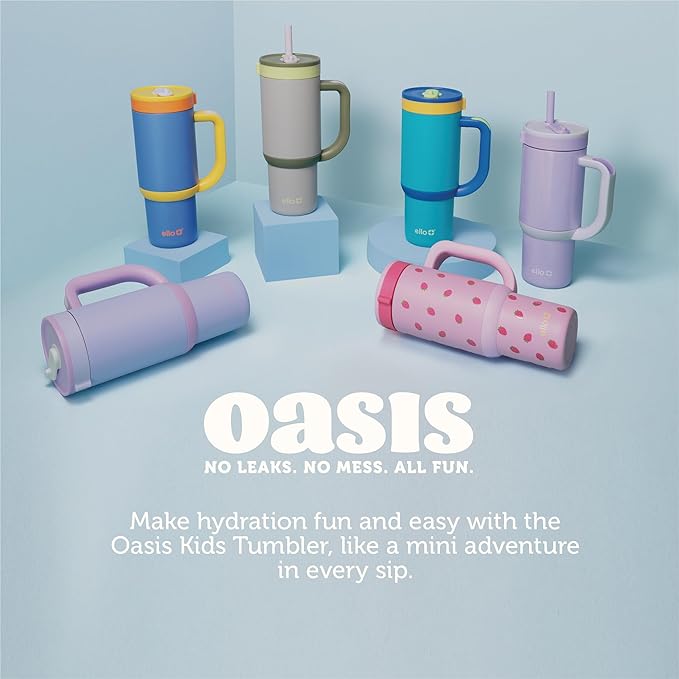 Ello Oasis 18oz Stainless Steel Kids Tumbler with Handle & Retracting Straw, 100% Leakproof, Double-Wall Vacuum Insulated, Kids Water Bottle for School, BPA Free + Dishwasher Safe, Strawberries - Bloomnest