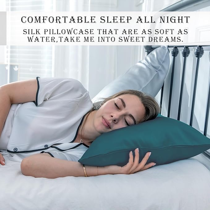 Mulberry Silk Pillowcase for Hair and Skin Standard Size 20"X 26" Pillow Case with Hidden Zipper Soft Breathable Smooth Cooling Silk Pillow Covers for Sleeping (Teal,Standard,1Pcs) - Bloomnest