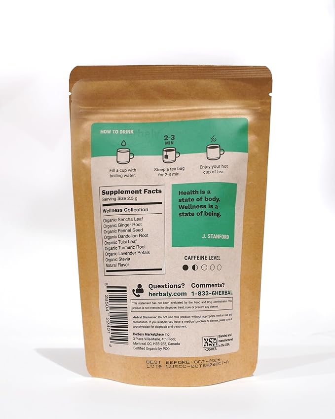 Herbaly Wellness Collection Organic Herbal Ginger Tea, 70 g, 28 Count Bag (Pack of 1) - Bloomnest