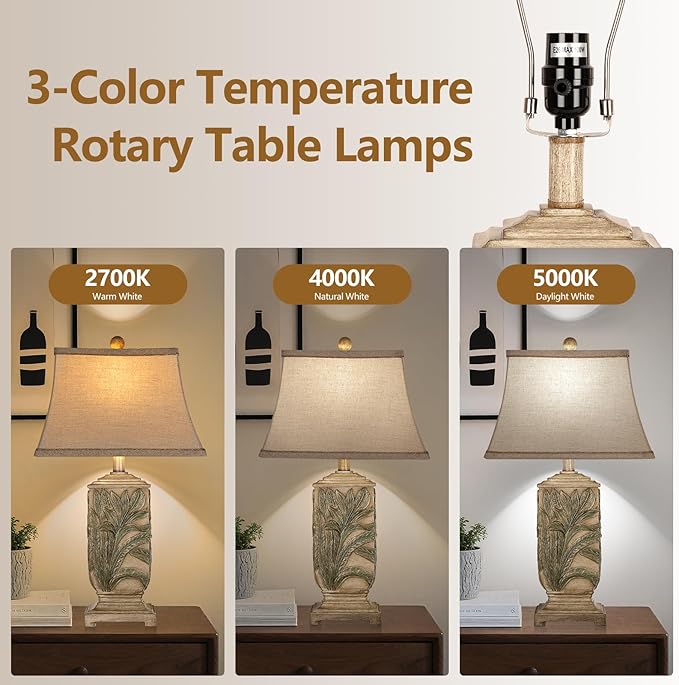 WIHTU 25" Vintage Table Lamps, 3 Color Temperature Rustic Retro Beside Lamp Set of 2, Farmhouse Resin Table Lamp for Living Room Bedroom Nightstands, Rotary Switch, Carved Leaf(2 Bulbs Included) - Bloomnest