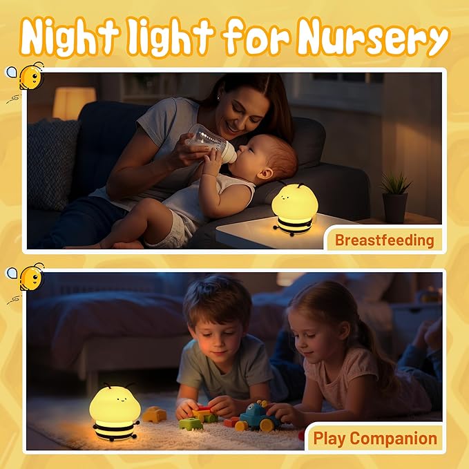Attivolife Bee Night Light, Cute Bumble Bee Gift for Kid, Animal Silicone Nursery Lamp with 8 Color Light & Dimming & Timer, Rechargeable Bedroom Classroom Decor Birthday Xmas Gift for Girl Boy - Bloomnest