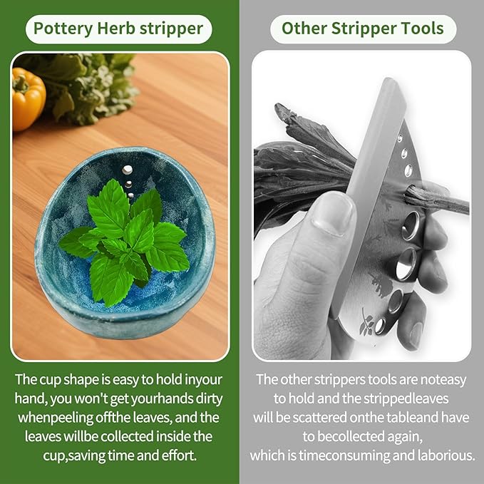 Herb Stripper, Herb Chopper, Herb Stripper Bowl, Kitchen Herb Stripping Tool for Kale, Small Pottery Herb Stripper Ceramic Bowl, Suitable for Peeling off the Leafy Assembly (Blue Glaze) - Bloomnest