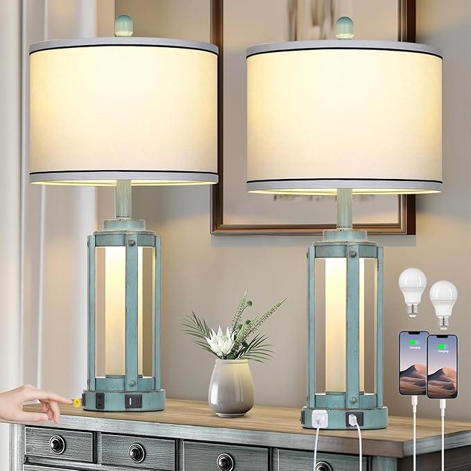 Farmhouse Lamps Set of 2, 26" Vintage Rustic Industrial Beside Lamps with USB A+C Charging Ports & AC Outlet, Nightstand Metal Lamp with LED Night Light & Fabric Shade for Living Room Bedrooms Blue - Bloomnest