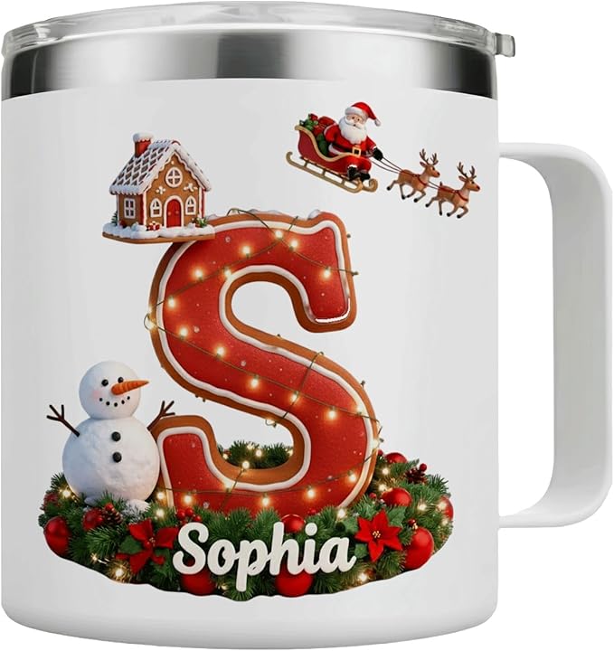 Personalized Christmas Mug | Custom Gingerbread Village Initial Insulated Cup with Handle & Lid | 12oz Holiday Tumbler, Cute Santa & Snowman Gift for (B35) - Bloomnest