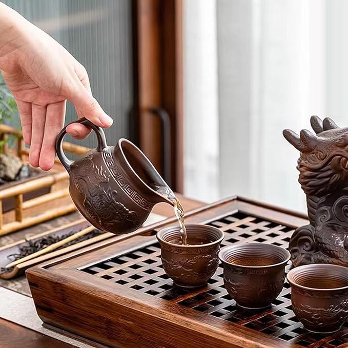 Chinese Gongfu Tea Set Gift Box, Chinese Dragon Shape, Pure Hand Firing, with 360Rotating Teapot and Infuser, Suitable for Office, Home, Gift (Dragon Legend)