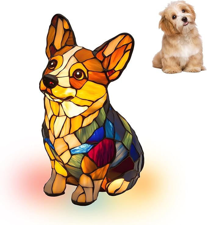 Atlodas Corgi Lamp, Retro Stained Resin Tabletop Night Light, Dog Series Art Night Light, Dog Lamp Stained Glass, 3D Cute Pet LED Table Lamps, Gift for Lovers (#05, 5.9inches) - Bloomnest