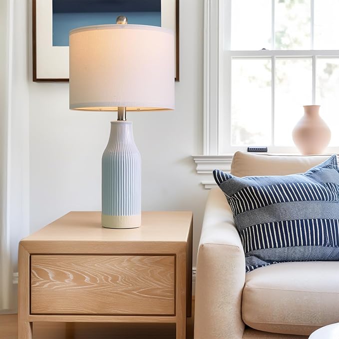 23.75inch Light Blue Modern Ceramic Bedside Lamp Set of 2 for Bedroom Decor Farmhouse Table Lamp for Living Room Office Dorm - Bloomnest
