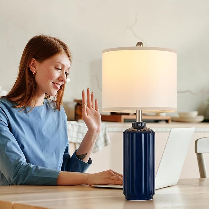 Lamp for Living Room Bedroom Lamps Farmhouse Table Lamps Set of 2 Vertical Stripe Ceramic Table Lamp,Linen Shade with Bulb, 25 in High,Navy Blue - Bloomnest