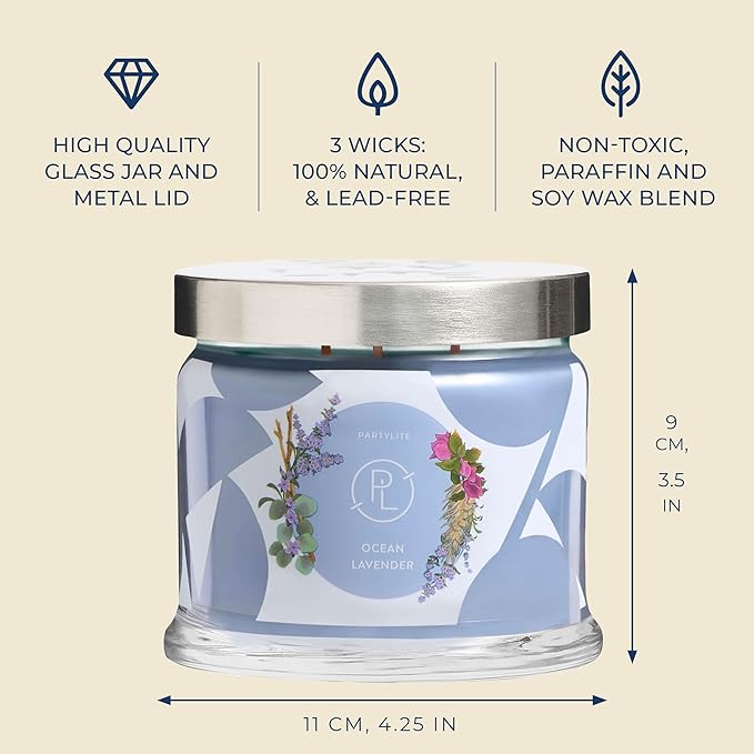 PartyLite Ocean Lavender Scented, Notes of Vanilla Sea Salt, Driftwood, Sea Moss, Patchouli & Eucalyptus, 13.2oz 3-Wick Jar Candle, 45 Hour Burn Time, Luxurious Fragrance, Ideal for Gifting - Bloomnest