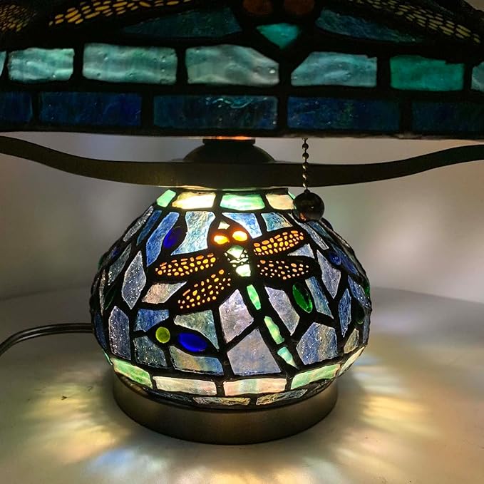 Bieye L10906 Tiffany Style Stained Glass Mushroom-Shaped Double Lit Table Lamp for Home Decor (10-inch, Blue Dragonfly)