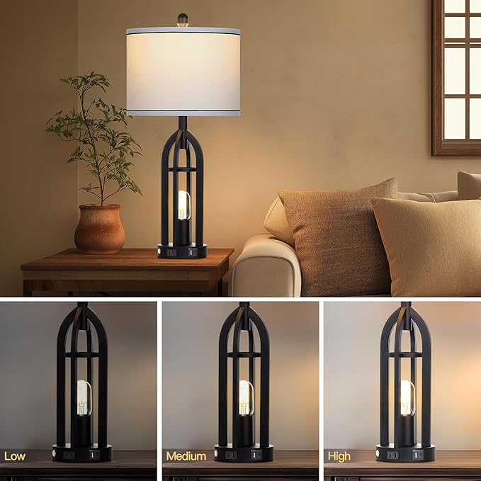 27" Black Table Lamp for Living Room,Black Table Lamps Set of 2 with USB & AC Outlet, 3-Way Dimmable Farmhouse Lamps for Night Stands, Vintage Bedside Lamp for End Tables, Nightstand Lamps for Bedroom - Bloomnest