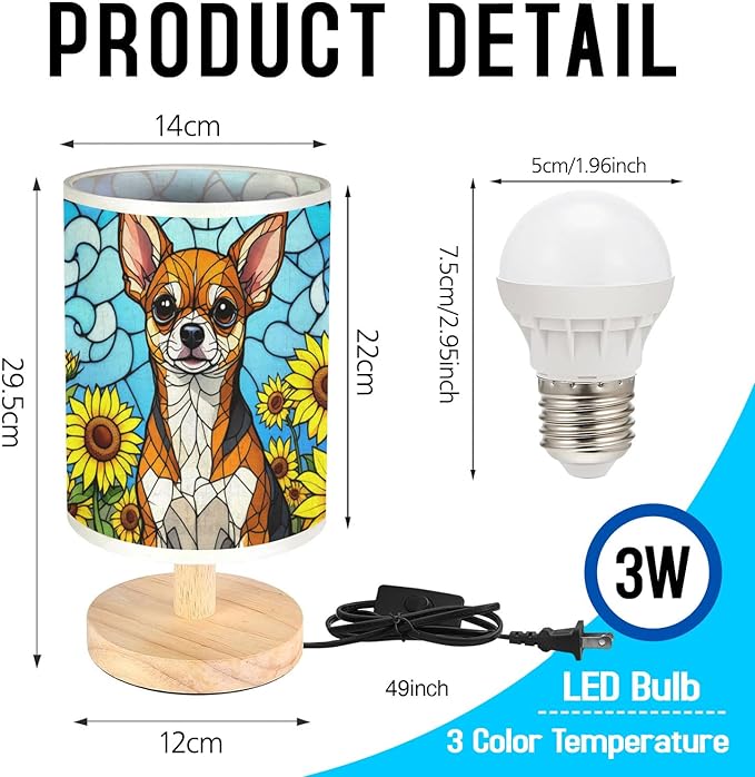 Chihuahua Table Lamp LED 3-Color Pressed Bedside, Dog Shade Lamp with Wood Base for Bedroom Living Room Desk Office - Bloomnest