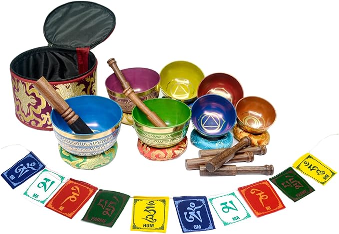 Tibetan Singing Bowl Set Of 7, Authentic 7 Metals, 7 Chakra Colors Mantra Chant Decorated Himalayan Singing Bowl For Chakra Healing, Meditation, Deep Relaxation, Stress Relief, Handmade In Nepal Khusi+Inc
