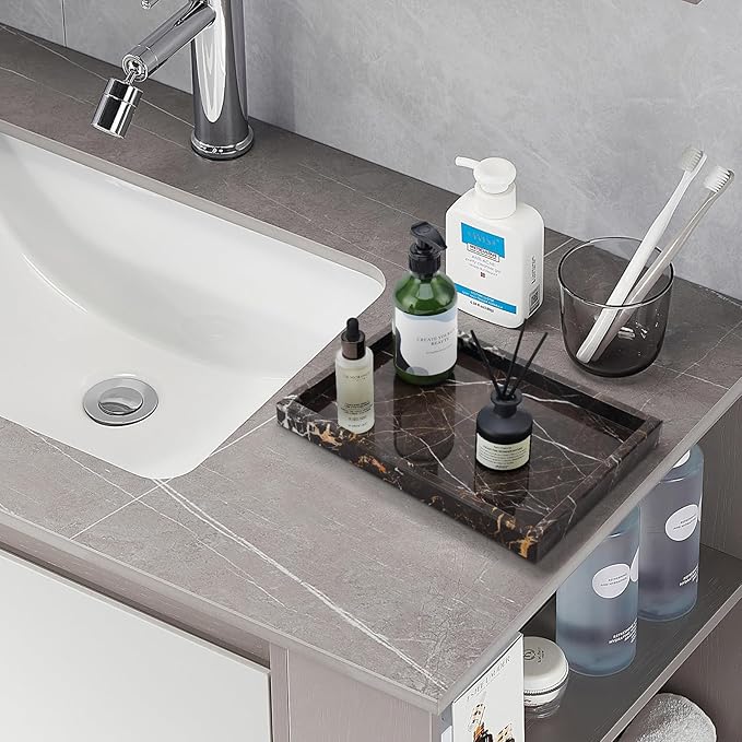 Real Natural Marble Tray for Bathroom, Vanity, Kitchen and Desktop, Rectangle Genuine Marble Stone Tray for Jewelry, Cosmetics, Candles, Lotion, Perfume and Home Decor Brown