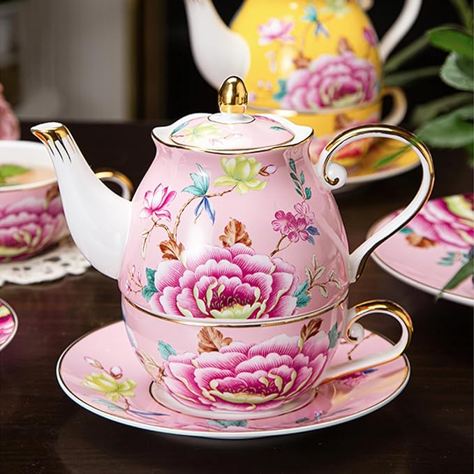 ACMLIFE Tea for One Teapot and Cup, Vintage Floral Porcelain Tea Set for One, Bone China Teapot with Cup Set, Tea Pot Gift for Women (Pink) - Bloomnest