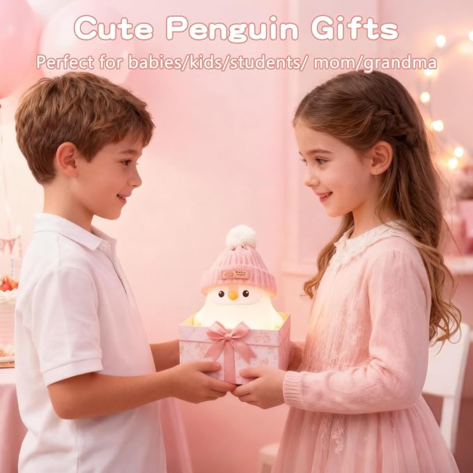 Penguin Silicone Night Light, Cute Pink Penguin Lamp with Knitted Hat, Soft Nursery Nightlight, USB Rechargeable/Dimmable,LED Squishy Novelty Animal Bedside Lamp,Funny Gifts for Kids/Girls - Bloomnest