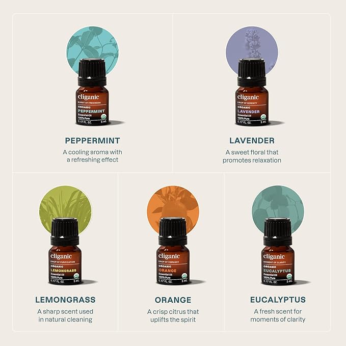 Cliganic Organic Essential Oils Set (Top 5 x 15ml) - 100% Pure Natural - Aromatherapy, Candle Making - Peppermint, Lavender, Eucalyptus, Lemongrass & Orange - Bloomnest