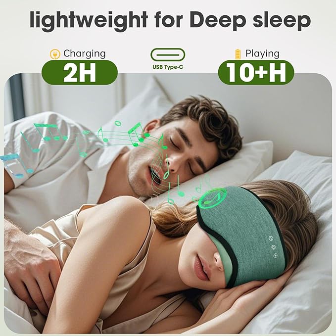 Sleep Headphones with Bluetooth 5.4 Sleep Mask, Bamboo Cotton Music Wireless Bluetooth Eye Mask for Sleeping, Earphones HD Speaker Microphone for Travel, Gifts for Men Women, Green - Bloomnest