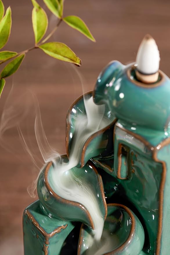 Unique Cascading Basins Ceramic Waterfall Incense Holder, Paired with a Pack of Backflow Incense Cones. (Blue) - Bloomnest