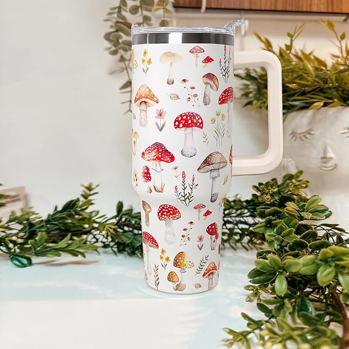 Ceovfoi 40 Oz Mushroom Stainless Steel Coffee Travel Mug Cup Water Bottle Tumbler with Handle Lid and Straw,Mushroom Decor,Mushroom Gifts for Women - Bloomnest