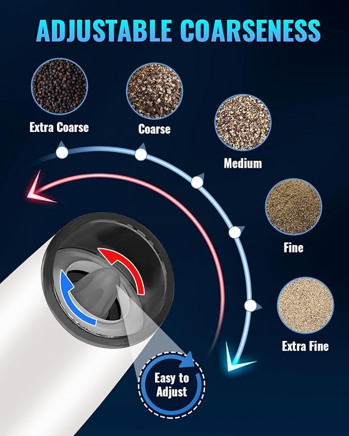 XinXu Gravity Electric Pepper and Salt Grinder Set, Adjustable Coarseness, with LED Light, One Hand Automatic Operation (Set/Snow White X) - Bloomnest